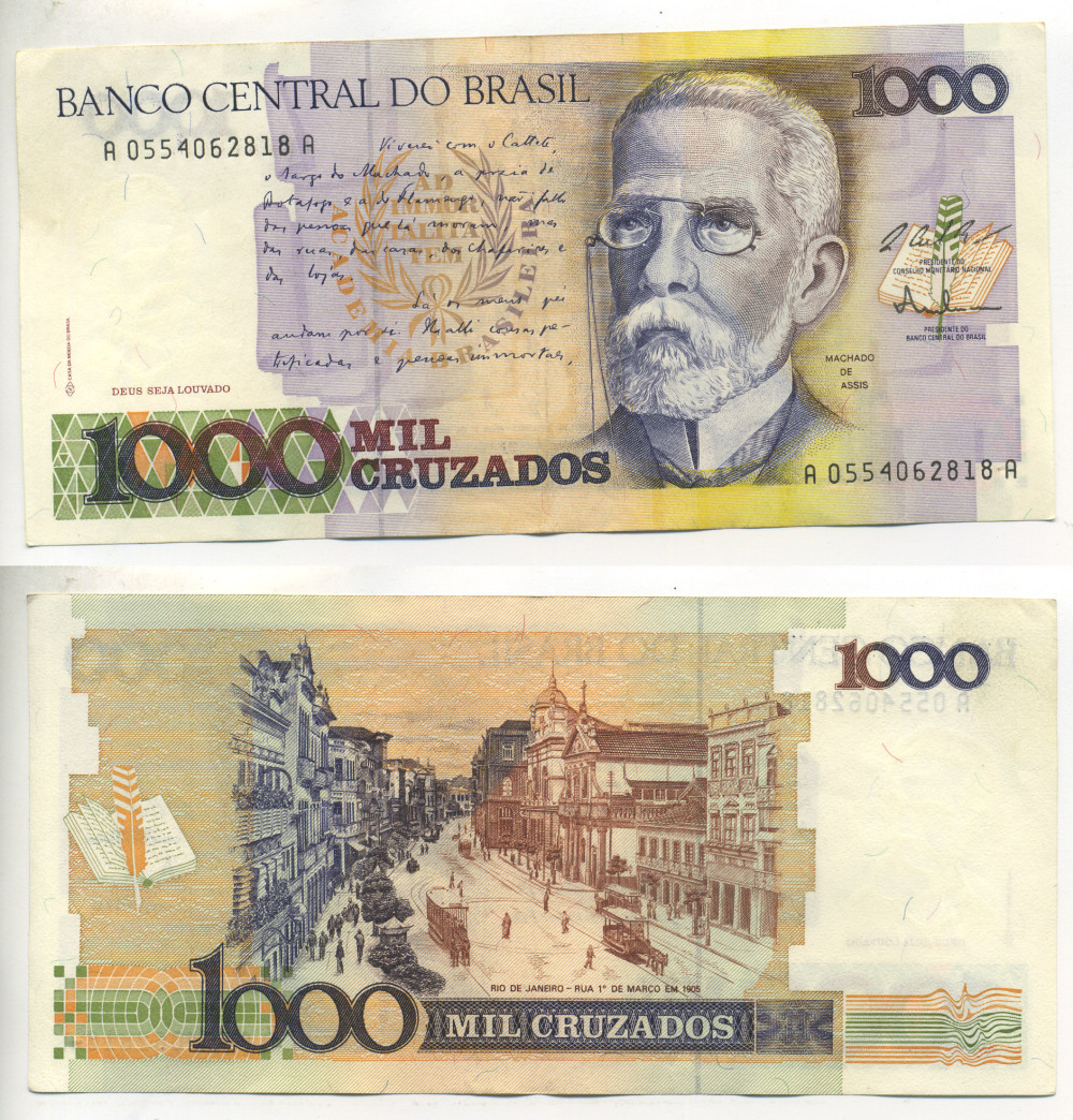 БРАЗИЛИЯ 1000 КРУЗАДО 1987 ПОДПИСЬ 25 Pick 213a бумага 445-25-2