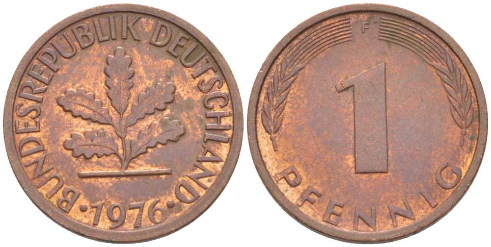 ФРГ 1 ПФЕННИГ 1976 F KM 105, J.380 сталь плакированная медью 66-642