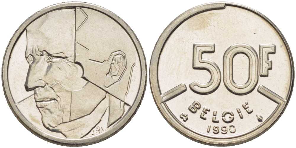 БЕЛЬГИЯ 50 ФРАНКОВ 1990 BELGIE, БОДУЭН I (1951-1993) KM 169 никель 4384-526