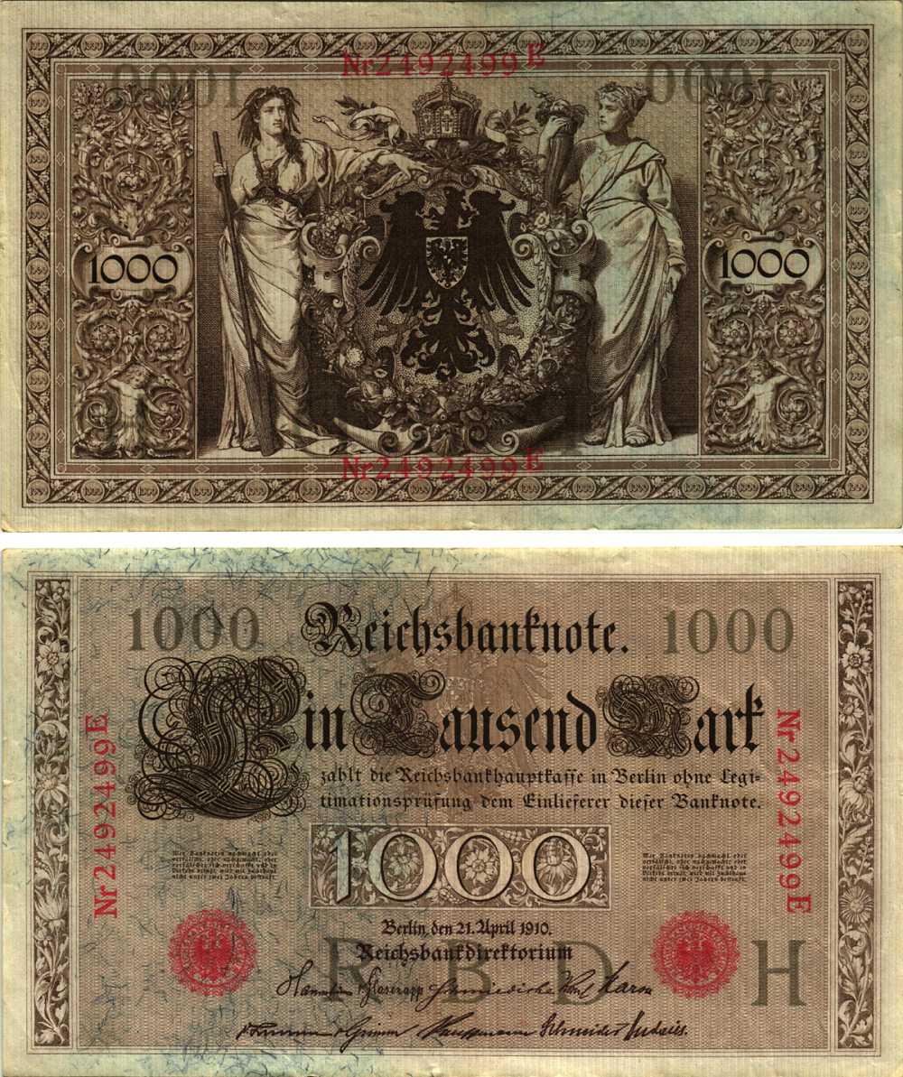 ГЕРМАНИЯ 1000 МАРОК 1910 21 АПРЕЛЯ 1910, СЕМИЗНАЧНЫЙ НОМЕР, СЕРИЯ E Pick 44b бумага 8610-25-1