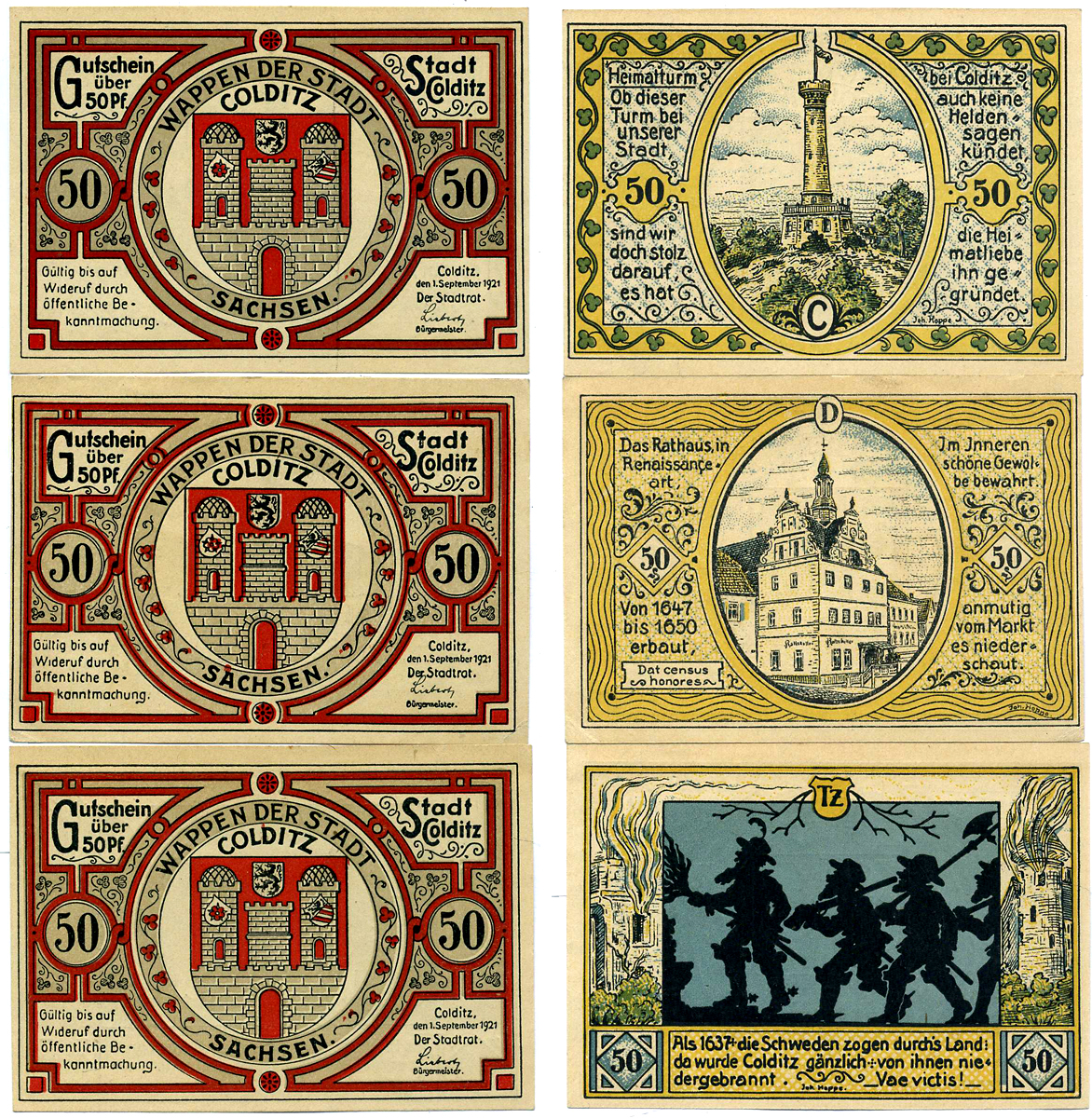 КОЛДИТЦ НАБОР ИЗ 3 БАНКНОТ ПО 50 ПФЕННИГОВ 1921 1 СЕНТЯБРЯ 1921, НОТГЕЛЬД (С, D, Tz), ЗЕМЛЯ САКСОНИЯ Grabowski 239.1 бумага 2193-8-1-2