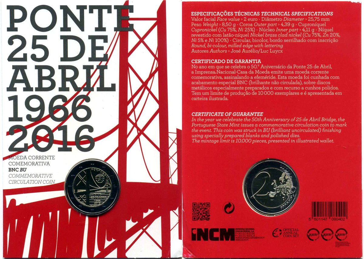 Португалия 2 евро 2016 50 лет мосту имени 25 апреля, запайка, картонный буклет KM 866 биметалл BUNC 3-4-8-34