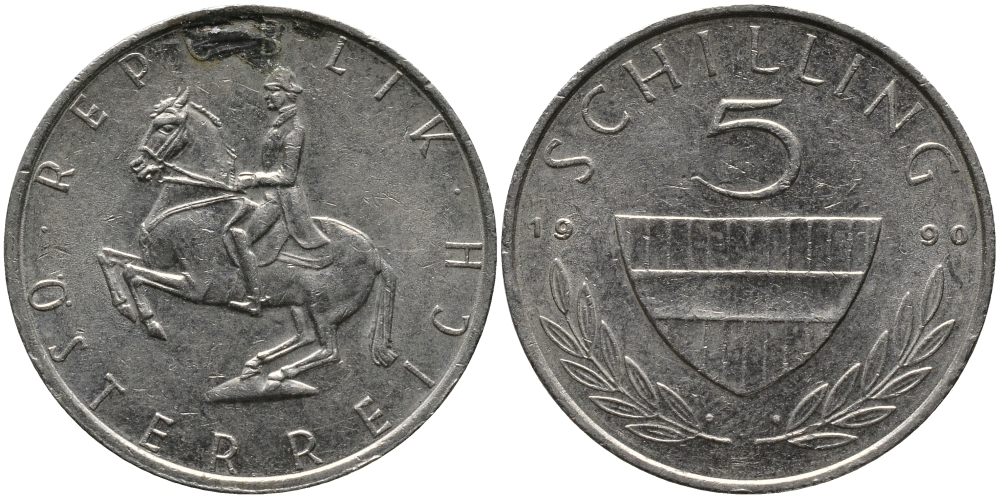 АВСТРИЯ 5 ШИЛЛИНГОВ 1990 KM 2889а медно-никель 33-626