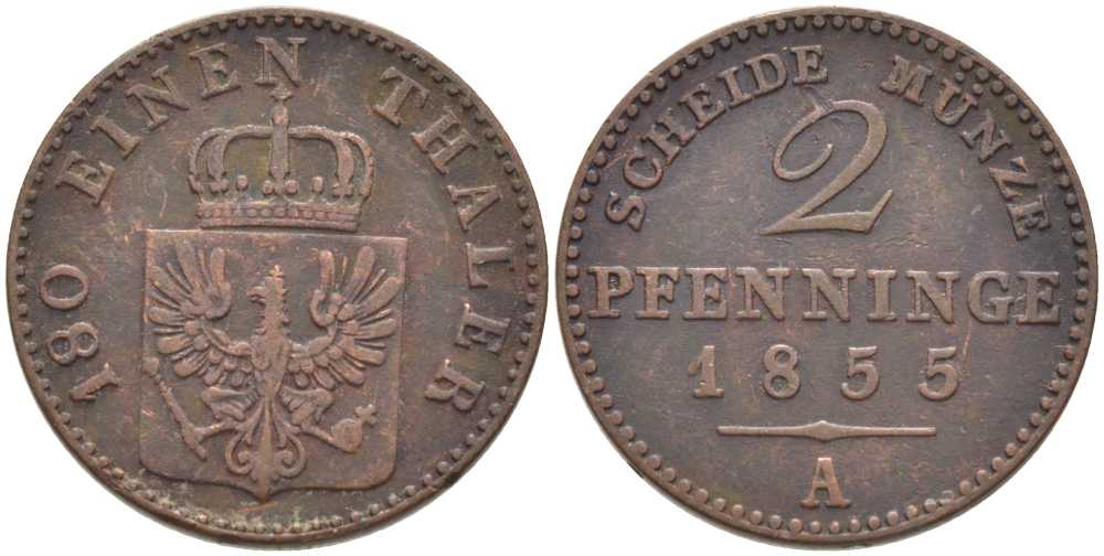 Пруссия 2 пфеннига 1855 А, Фридрих Вильгельм IV (1840-1861) KM 452, Jaeger 51, Olding 336, AKS 91 медь 201-565