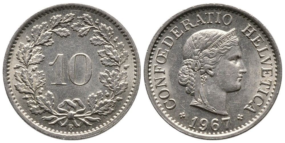 ШВЕЙЦАРИЯ 10 РАППЕНОВ 1967 В KM 27 медно-никель 75-1616