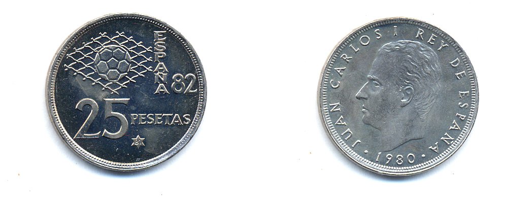 Испания 25 песет 1980 (81) чемпионат мира по футболу в Испании 1982 года, Хуан Карлос I (1975-) KM 818 медно-никель UNC 54-1947
