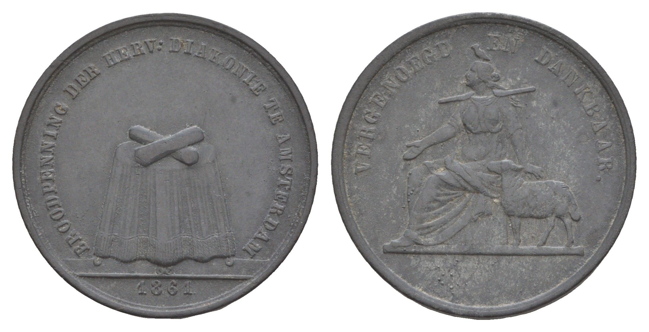 Нидерланды, Амстердам хлебный жетон (на покупку еды) с двумя буханками 1861 Женщина с протянутой рукой в ??компании овцы, стол с 3 буханками, диаметр 28 мм Kooij BR003.1 цинк 4654-914