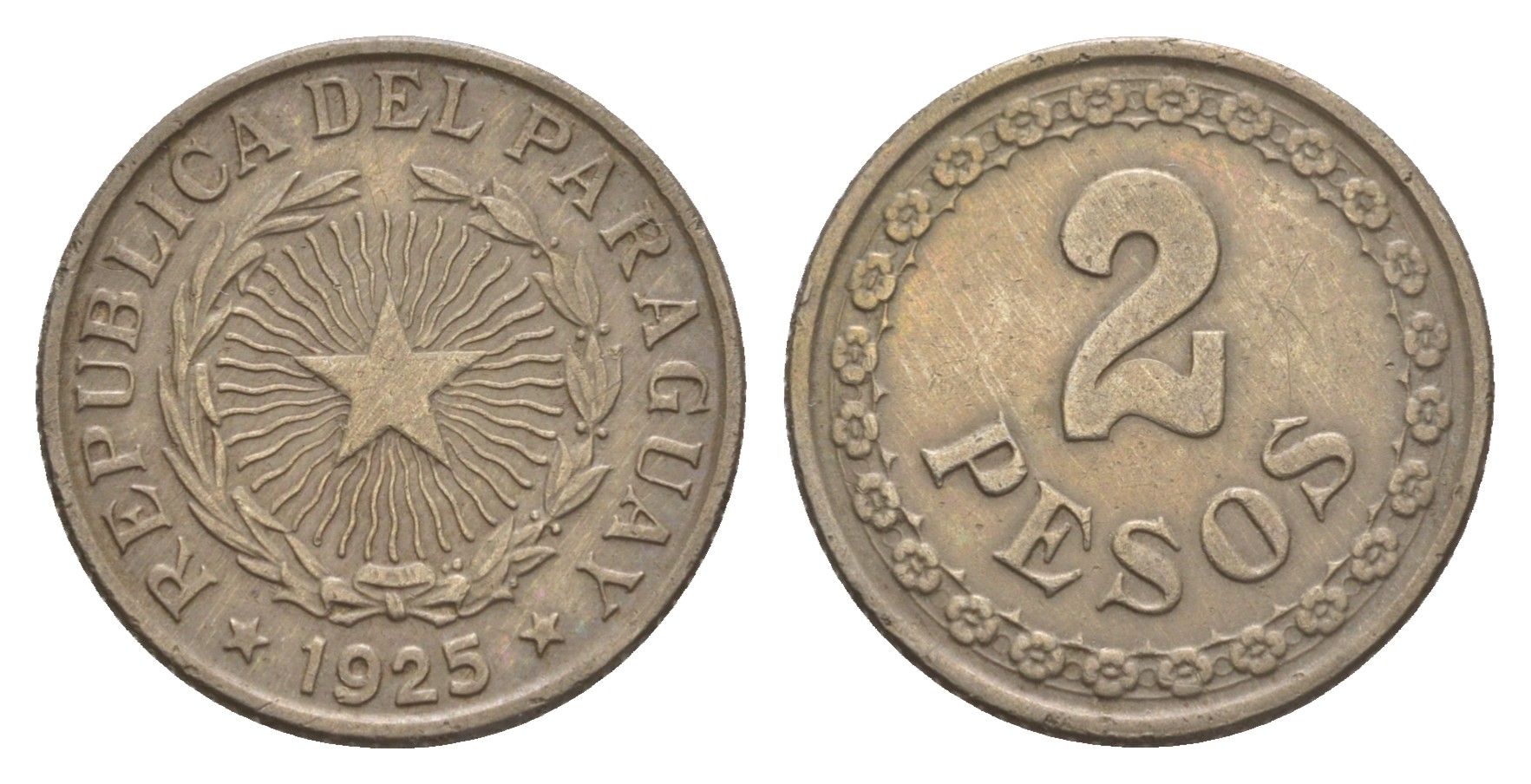 Парагвай 2 песо 1925 год-тип KM 14 медно-никель 4658-741