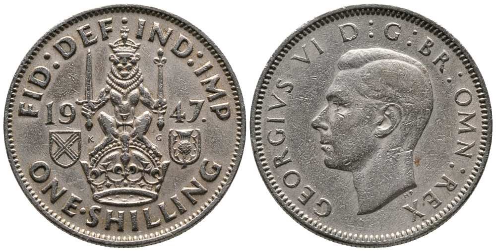 Великобритания 1 шиллинг 1947 Георг VI (1936-1952), Шотландский герб KM 864, Spink 4104 медно-никель 1518-522