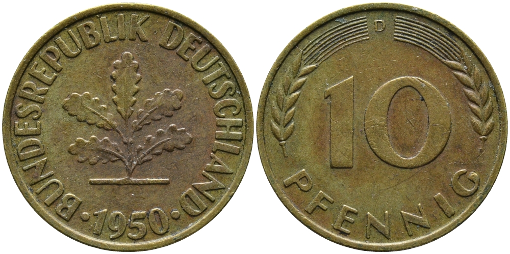 ФРГ 10 ПФЕННИГОВ 1950 D KM 108, J.383 сталь плакированная латунью 98-356