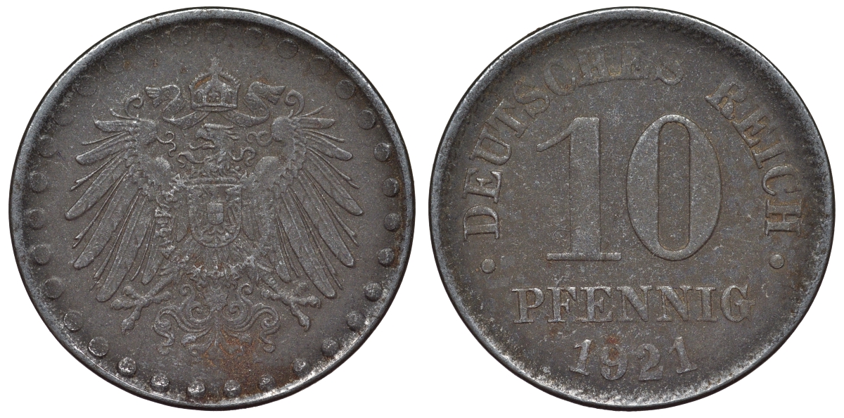 Германия 10 пфеннигов 1921 A KM 20, J. 298 железо 4119-233