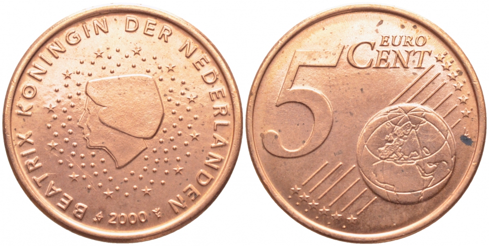 НИДЕРЛАНДЫ 5 ЕВРОЦЕНТОВ 2000 KM 236 сталь покрытая медью UNC 3856-533