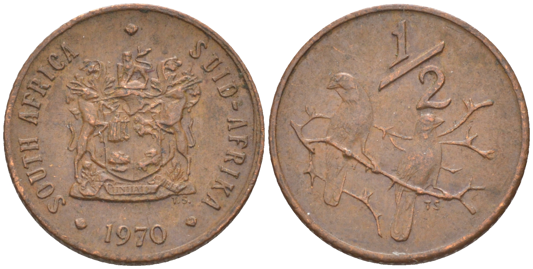 ЮАР 1/2 цента 1970 два капских воробья на ветке KM 81 бронза 4547-713