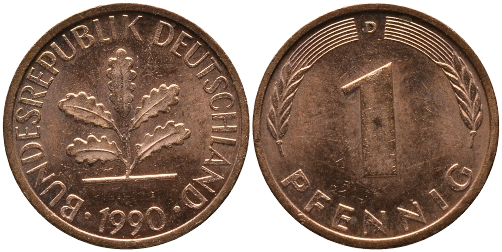 ФРГ 1 ПФЕННИГ 1990 D KM 105, J.380 сталь плакированная медью 96-1124