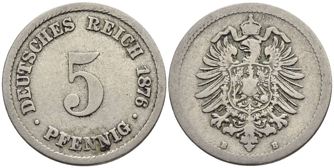 ГЕРМАНИЯ 5 ПФЕННИГОВ 1876 B, СТАРОГЕРБОВКА KM 3, Jager 3, Weege 5 медно-никель 4546-1041