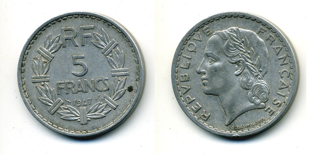 ФРАНЦИЯ 5 ФРАНКОВ 1947 OPEN 9 KM 888b.1 алюминий 84-645