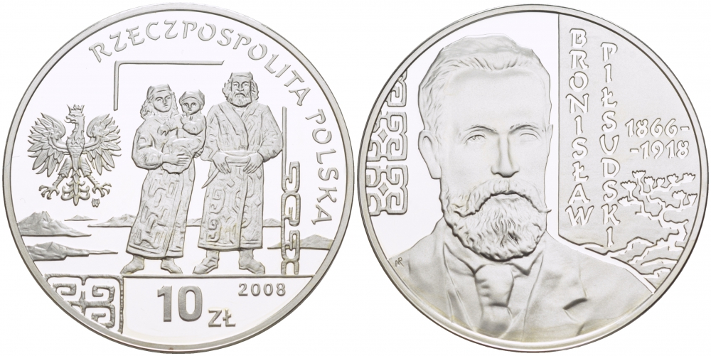 Польша 10 злотых 2008 серия польские путешественники, Бронислав Пилсудский (1866-1918) KM 649 серебро PROOF 1084-7-25