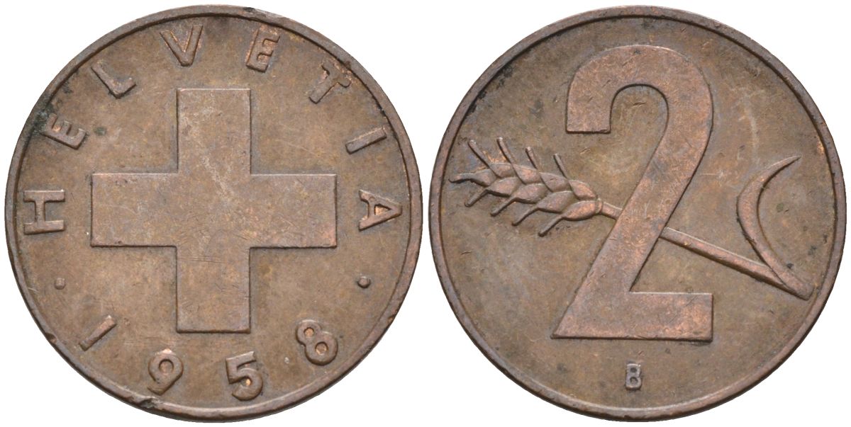 Швейцария 2 раппена 1958 В KM 47 бронза 4591-1231