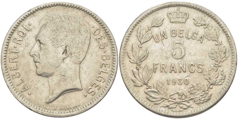 БЕЛЬГИЯ 5 ФРАНКОВ 1930 АЛЬБЕРТ I, DES BELGES KM 97.1 никель 3851-123