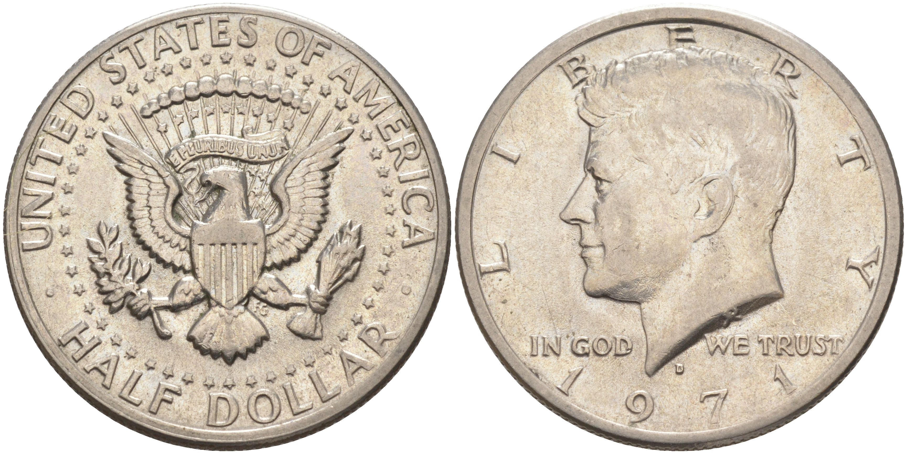 США 1/2 доллара (50 центов) 1971 D, Джон Кеннеди KM 202b медь плакированная медно-никелем 4111-832