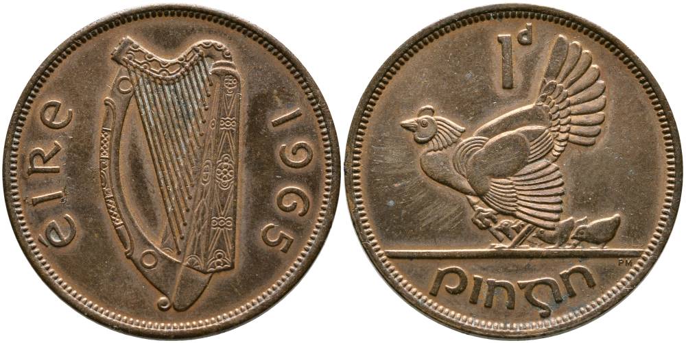 ИРЛАНДИЯ 1 ПЕННИ 1965 КУРИЦА С ЦЫПЛЯТАМИ KM 11 бронза 4531-721