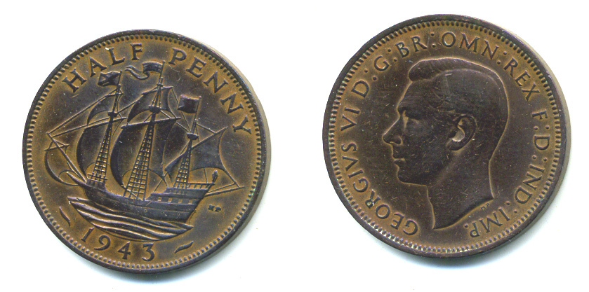 Великобритания 1/2 пенни 1943 Георг VI (1936-1952) KM 844, Spink 4115 бронза 59-716