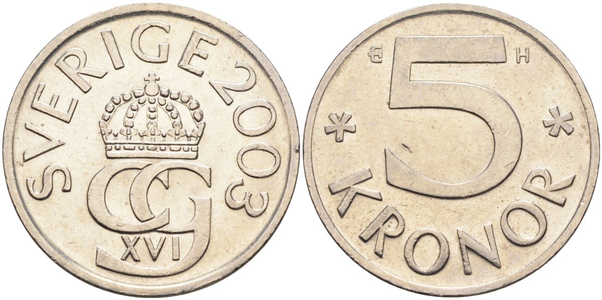 Швеция 5 крон 2003 H, Карл XVI Густав (1973- ) KM 853a никель плакированная медно-никелем 4367-1145