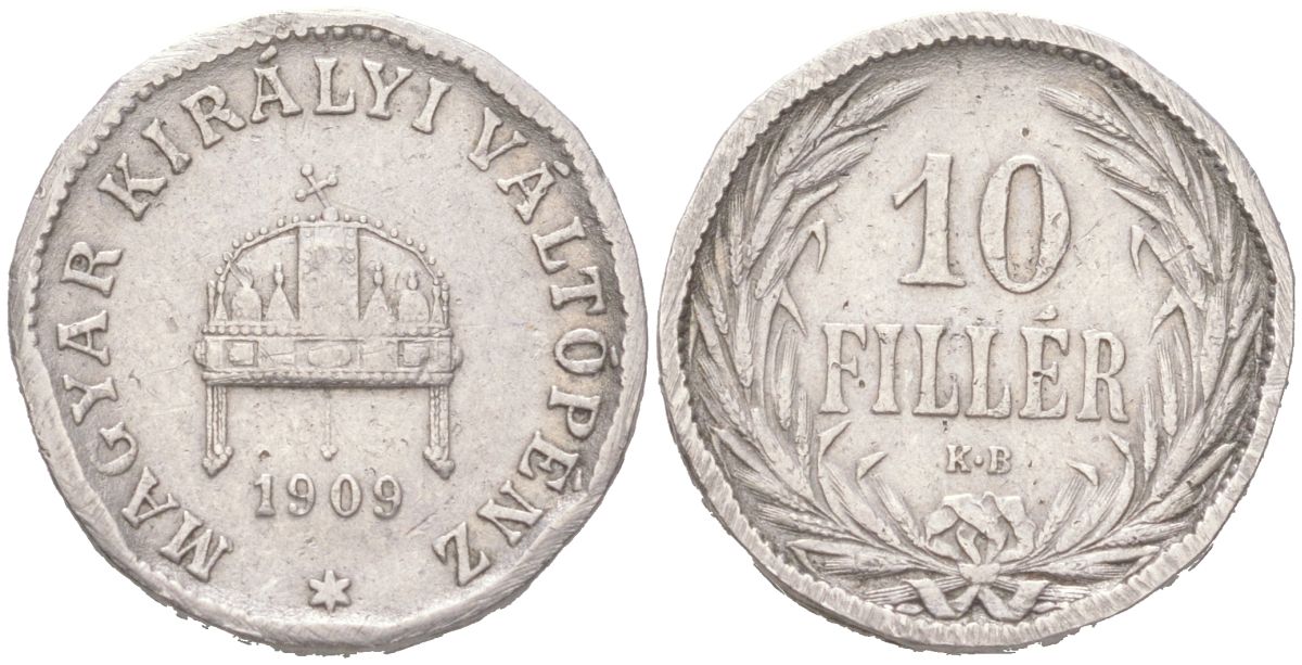 Венгрия 10 филлеров 1909 KB, Франц Иосиф I (1848-1916) KM 482 никель 4611-1212