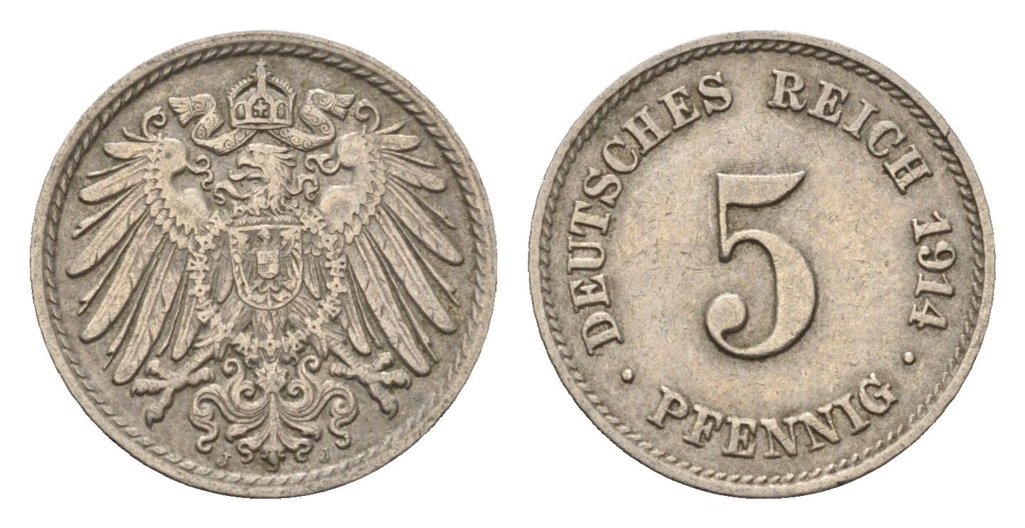Германия 5 пфеннигов 1914 J KM 11, J. 12 медно-никель 4696-653