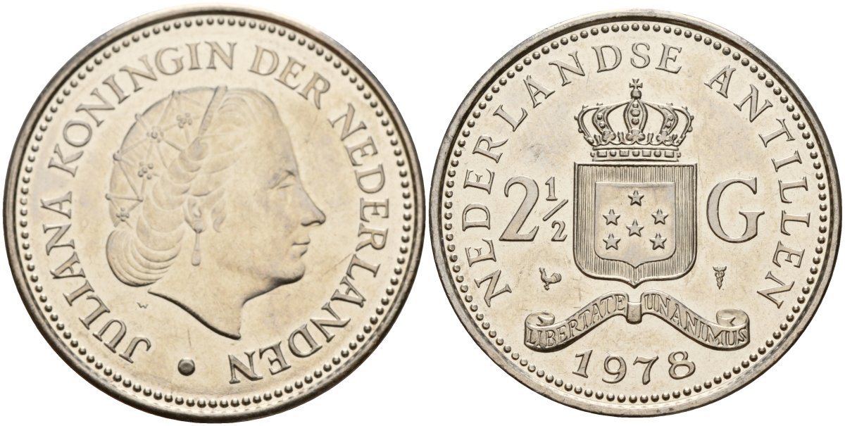 Нидерландские Антилы 2 1/2 гульдена 1978 Юлиана (1948-1980) KM 19 никель UNC 4140-224