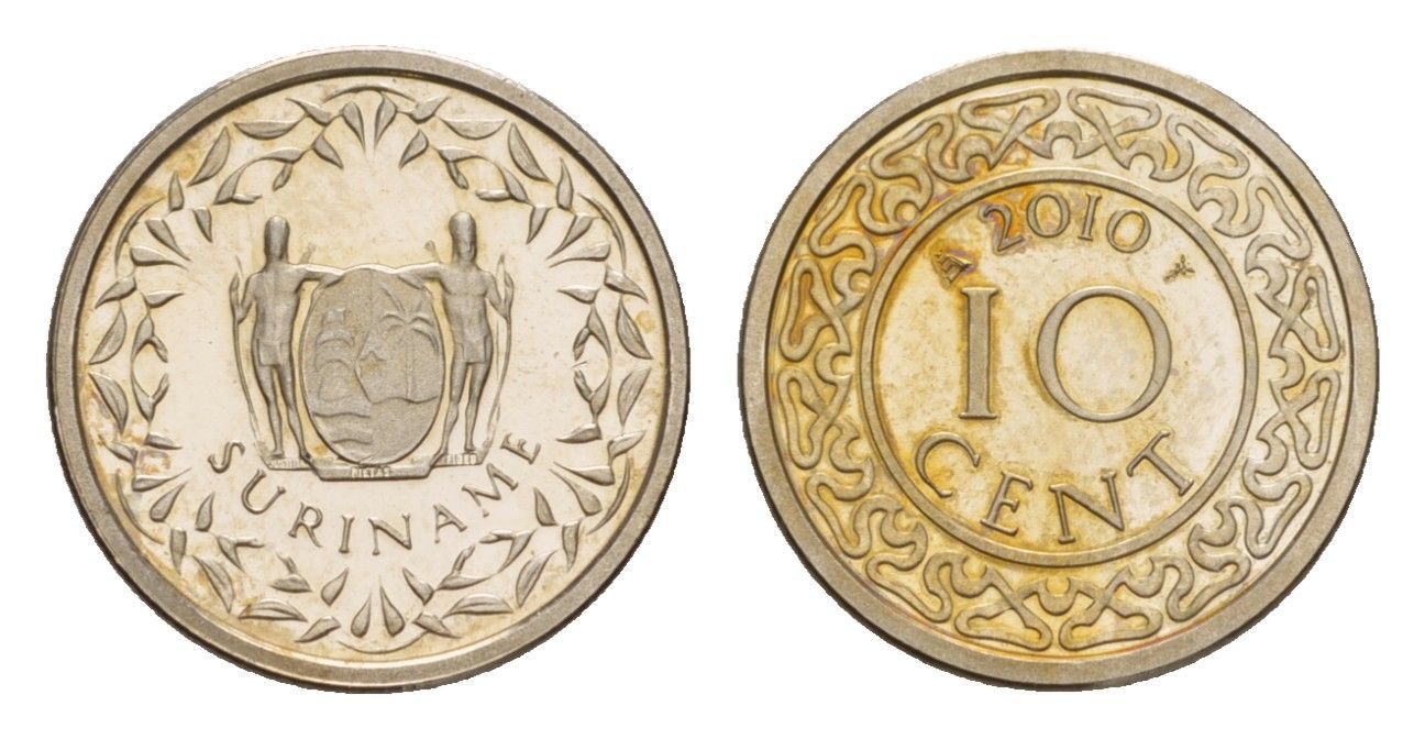 Суринам 10 центов 2010 тираж 1000 экземпляров KM 13a медно-никель BU 4649-1021