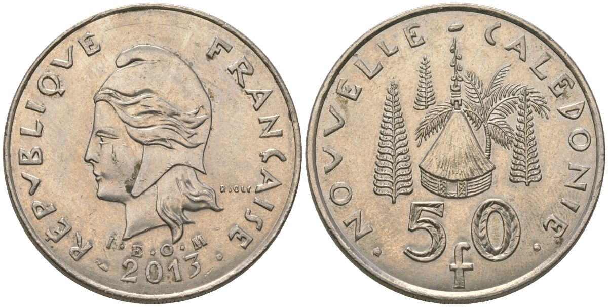 Французская Новая Каледония 50 франков 2013 хижина среди сосен и пальм, (IEOM) KM 13a, Schoen 15a, Lec 128i медно-никель 115-1242