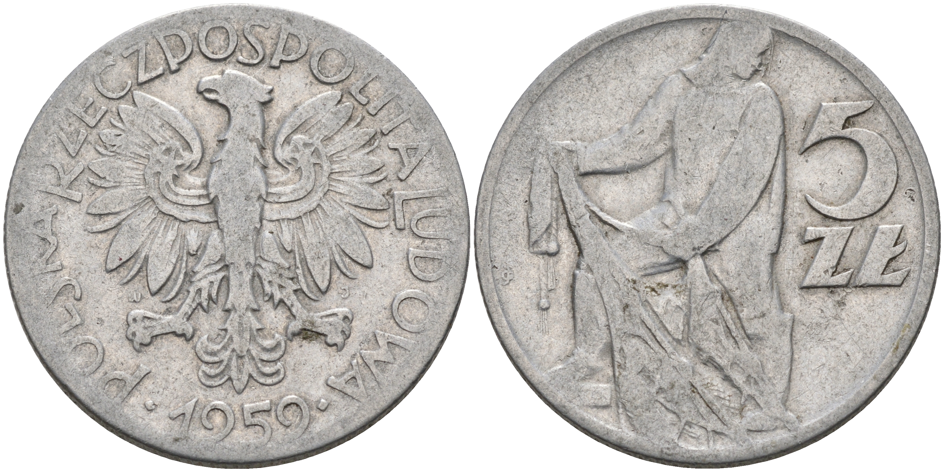 Польша 5 злотых 1959 MW, рыбак KM 47 алюминий 4565-113