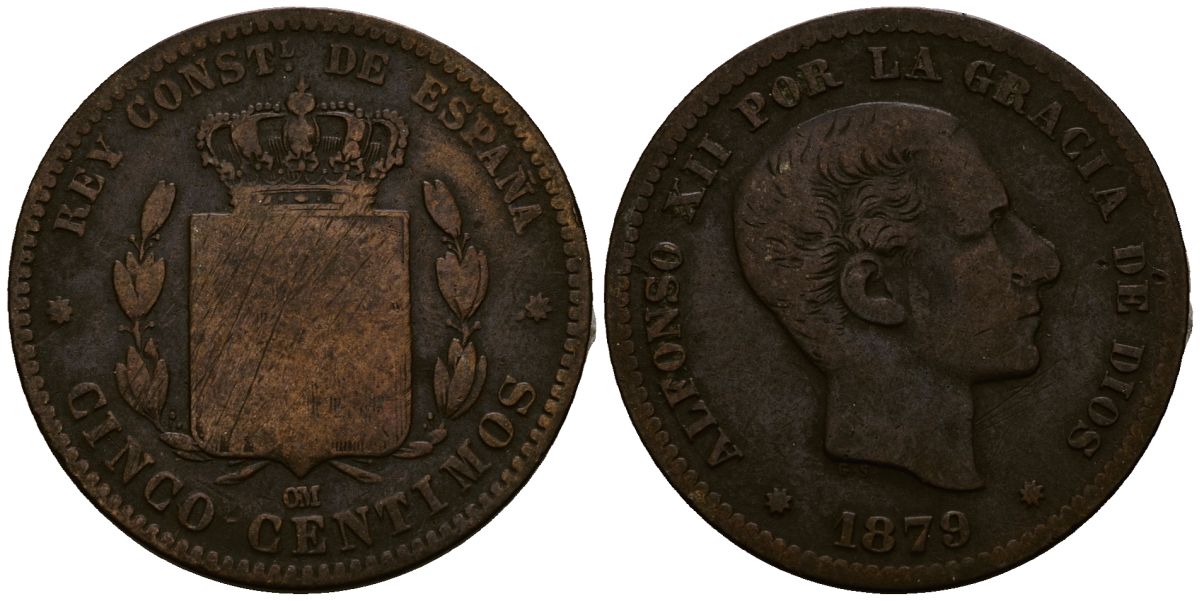 Испания 10 сентимо 1879 ОМ, Альфонсо XII (1874-1885) KM 675 бронза 4168-1022