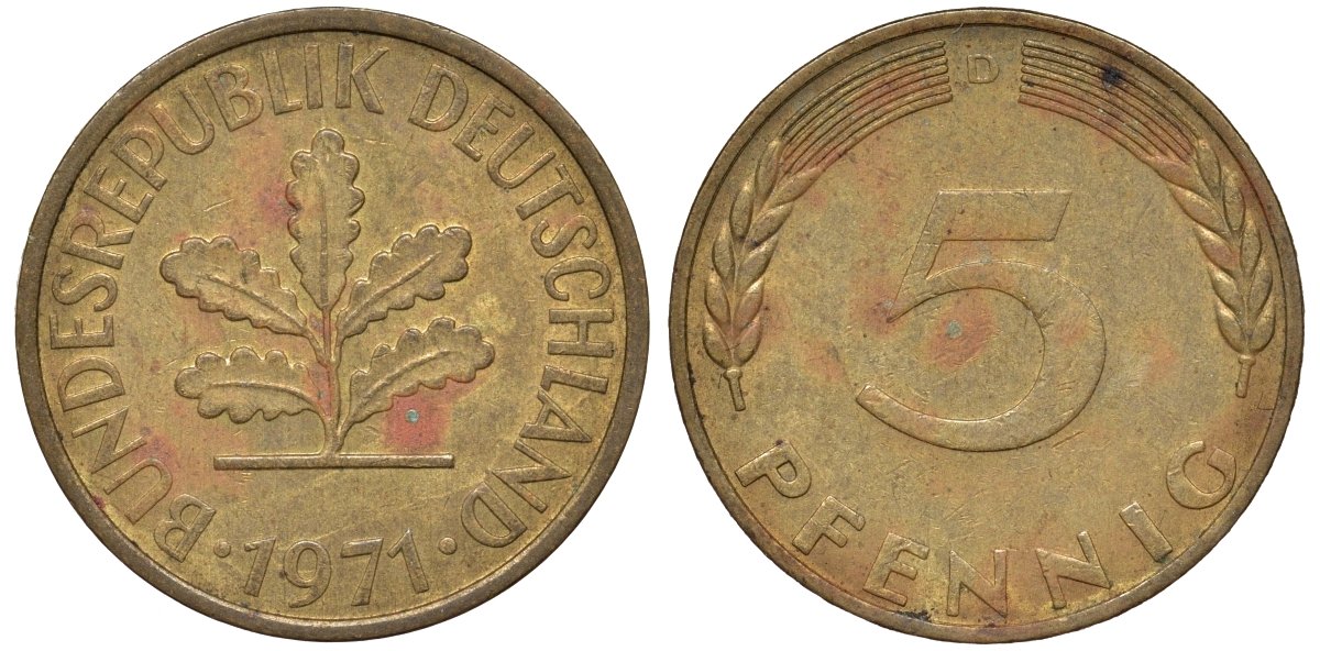 ФРГ 5 пфеннигов 1971 D KM 107, J.382 сталь плакированная латунью 4174-523