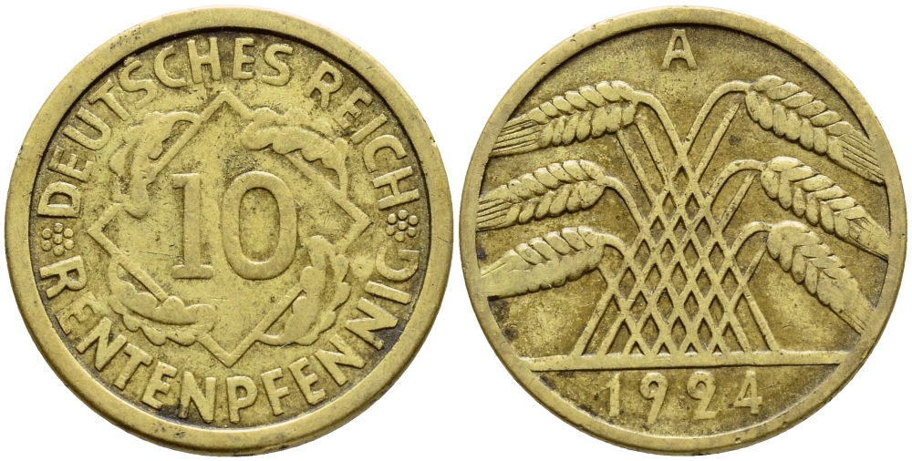 ГЕРМАНИЯ 10 РЕНТЕНПФЕННИГОВ 1924 A KM 33, J. 309, Weege 8 алюминиевая бронза 26-256