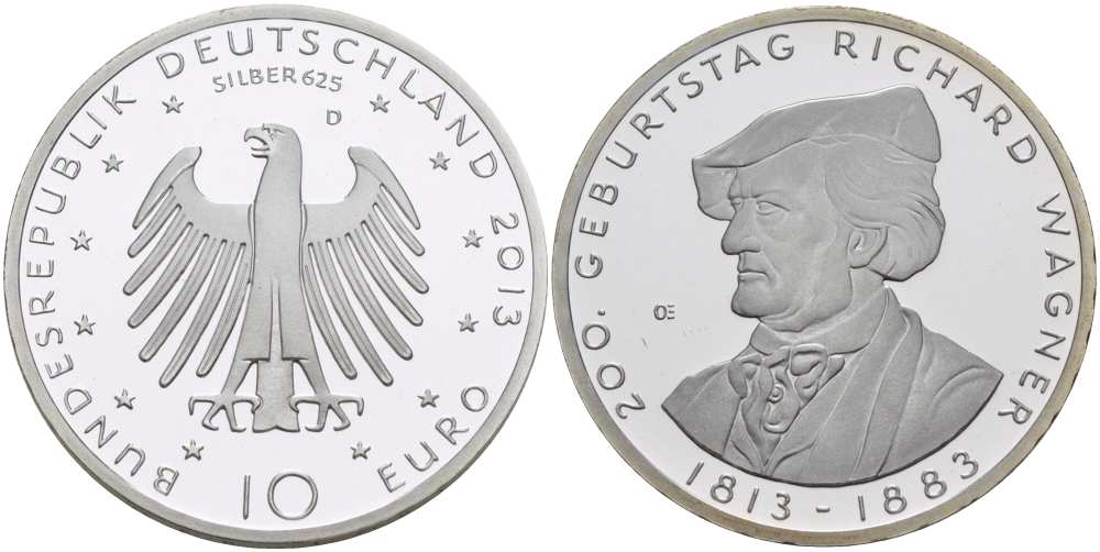 ФРГ 10 евро 2013 D, 200 лет со дня рождения Ричарда Вагнера KM 316а серебро PROOF 1080-9-44