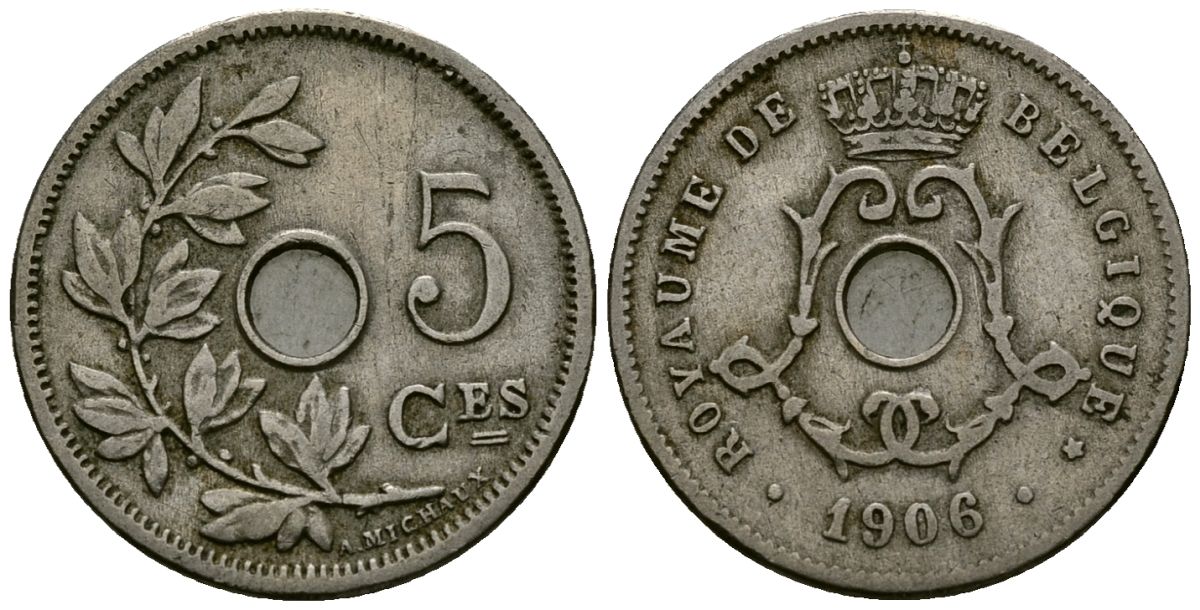 Бельгия 5 сантимов 1906 Belgique KM 54 медно-никель 4173-417