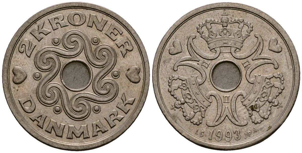 Дания 2 кроны 1993 LG; JP; A, Маргрете II (1972- ) KM 874.1 медно-никель 4176-542