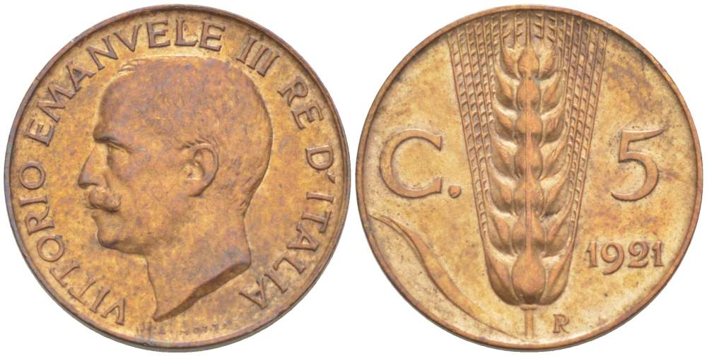 ИТАЛИЯ 5 ЧЕНТЕЗИМО 1921 R, МОНДВОР РИМ, ВИКТОР ЭММАНУИЛ III (1900-1946) KM 59 медь 4525-134