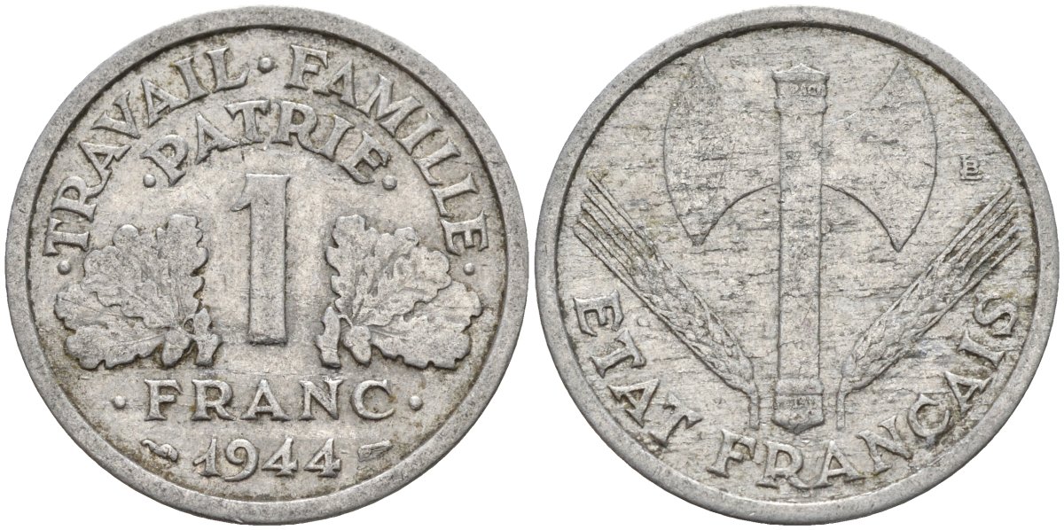 Франция 1 франк 1944 LB, тип Lourde, правительство Виши KM 902.1 алюминий 4142-941