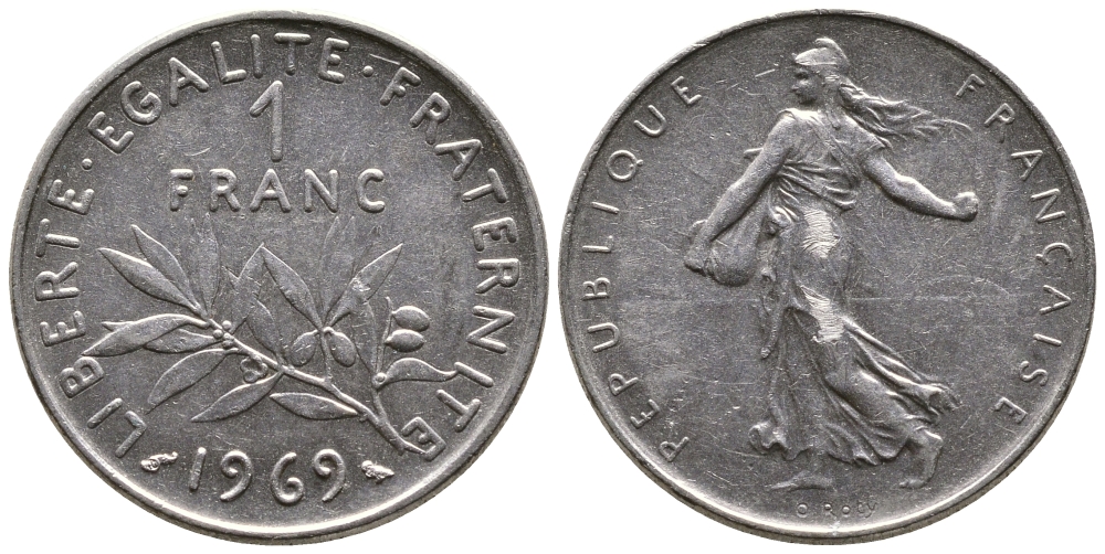 ФРАНЦИЯ 1 ФРАНК 1969 СЕЯТЕЛЬ KM 925.1 никель 56-1252