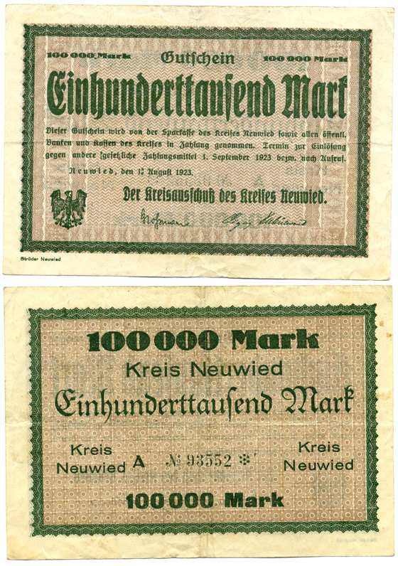 НОЙВИД, ГЕРМАНИЯ 100000 МАРОК 1923 1 АВГУСТА 1923 - 1 СЕНТЯБРЯ 1923, НОТГЕЛЬД, ЗЕМЛЯ РЕЙЛАНД-ПФАЛЬЦ, СЕРИЯ А, НОМЕР, СНЕЖИНКА Keller 3903e бумага VF 8613-34-2-2