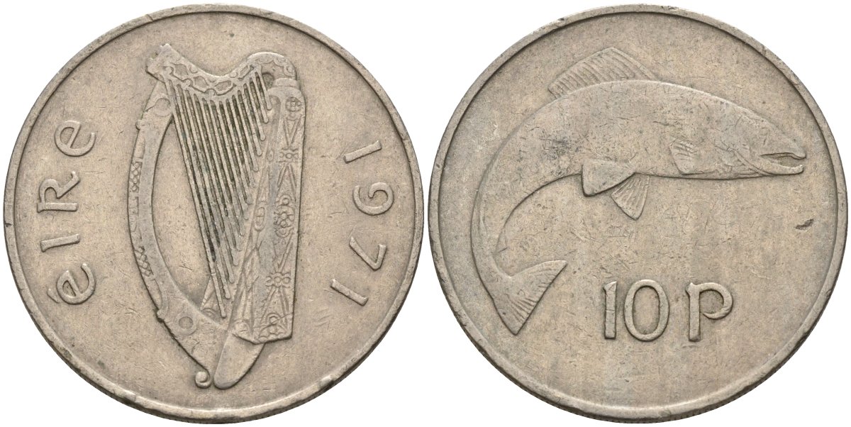 Ирландия 10 пенсов 1971 лосось KM 23 медно-никель 4144-1015