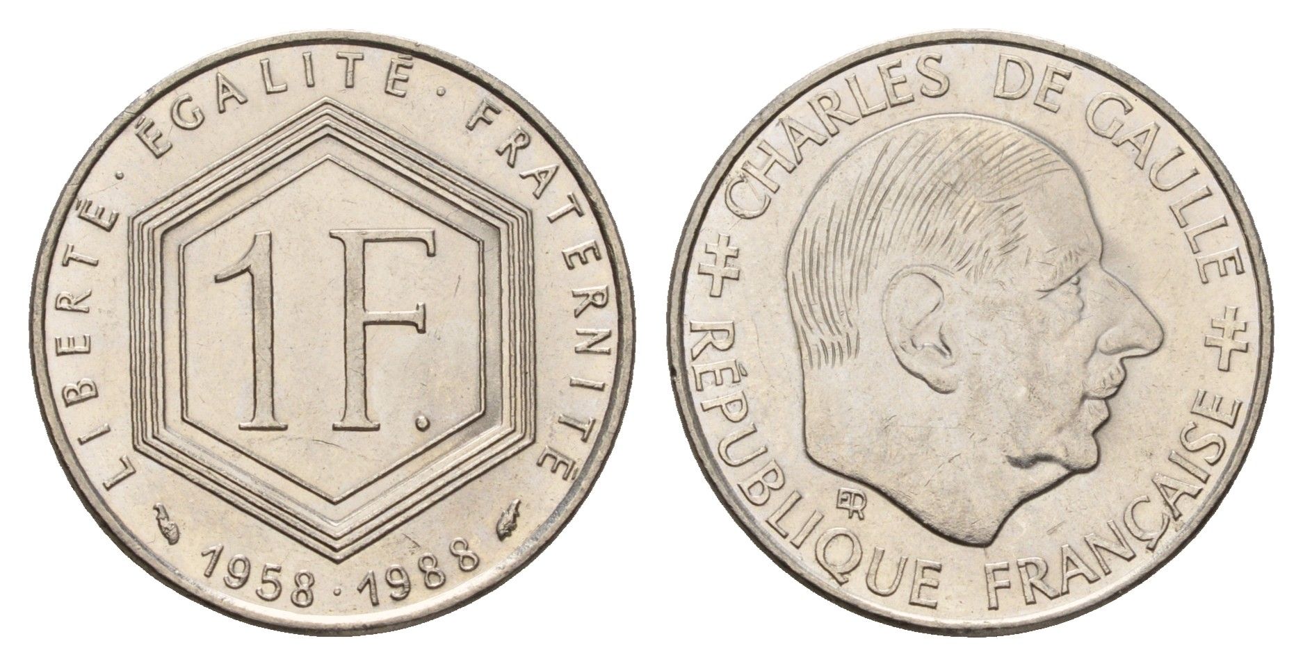 Франция 1 франк 1988 30 лет Пятой Республике KM 963 никель UNC 4118-352