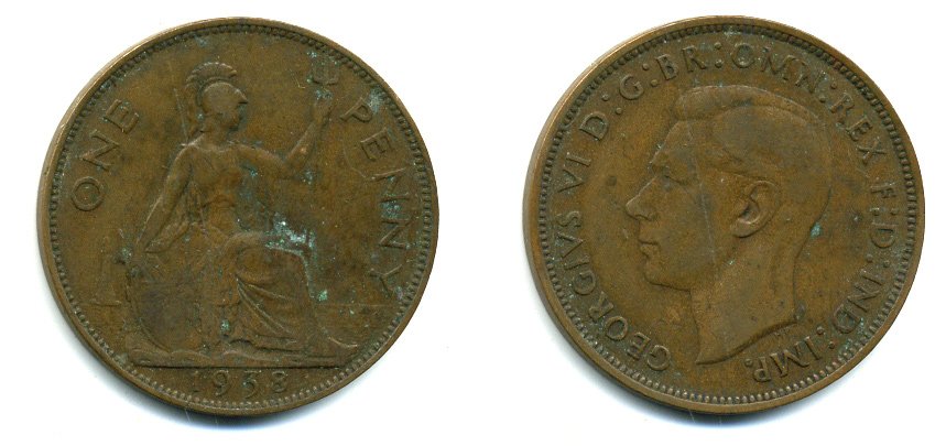 Великобритания 1 пенни 1938 Георг VI (1936-1952) KM 845, Spink 4114 бронза 37-413