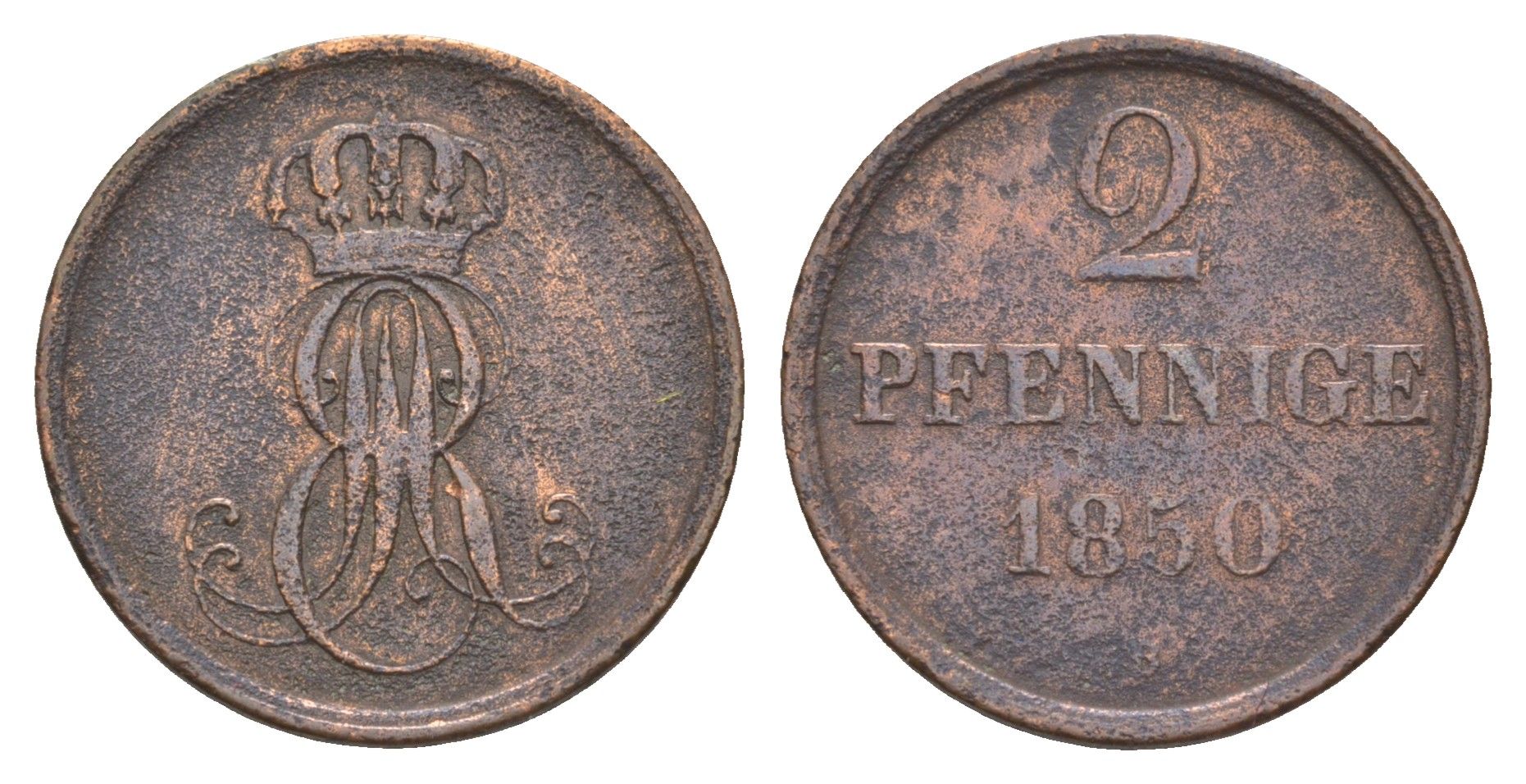 Ганновер 2 пфеннига 1850 B, Эрнст Август I (1837-1851) KM 202.1, AKS 124, J. 75 медь    4657-723
