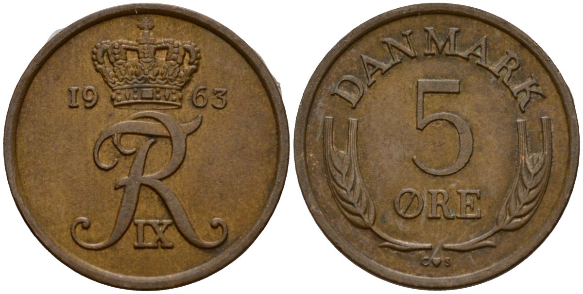 Дания 5 эре 1963 C; S, Фредерик IX (1947-1972) KM 848 бронза 4601-823