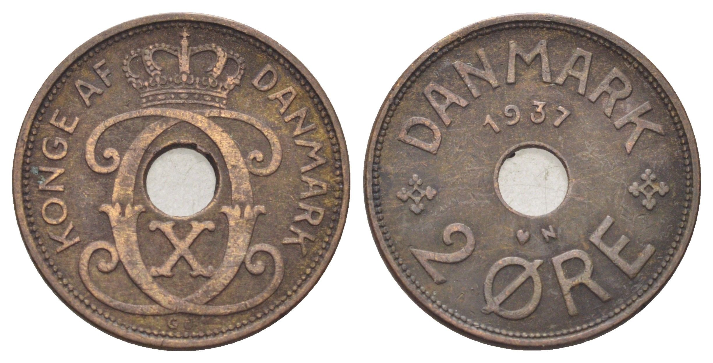 Дания 2 эре 1937 N, Кристиан X (1912-1947) KM 827 бронза 4701-853