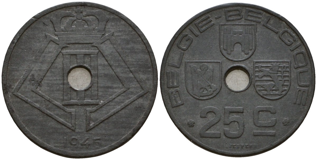 Бельгия 25 сантимов 1945 Belgie - Belgique KM 132 цинк 33-1231